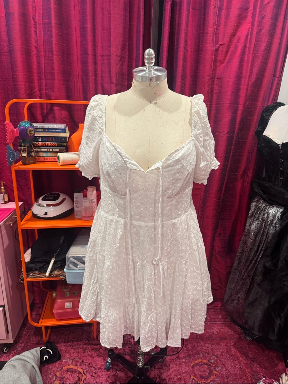 Cider White Eyelet Lace Puff Sleeve Mini Dress
